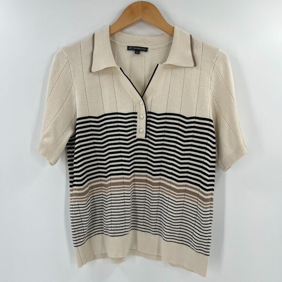 Adrianna Papell L Knit Polo Shirt Sweater Striped Short Sleeve Cotton Retro - Picture 1 of 9